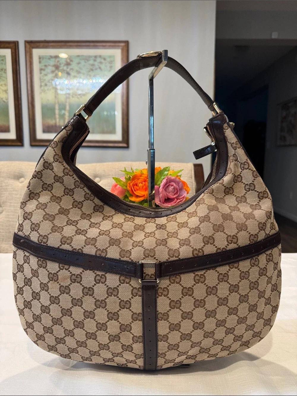 Authentic Gucci Beige GG Canvas Hobo with Red and Green Web Stripe